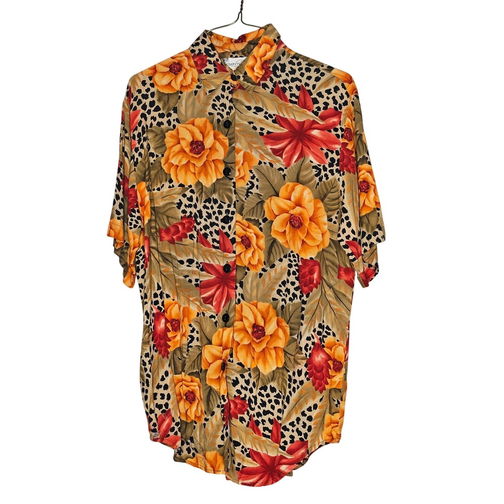 Vintage Floral Button‎ Up M Shirt Bold Cruise Business Comfy Retro Mob Wife